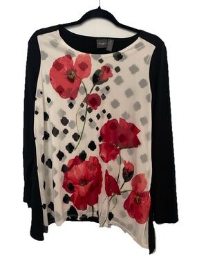 Chico’s Women’s Black & White Floral Long-Sleeve Top with Red Poppy Print